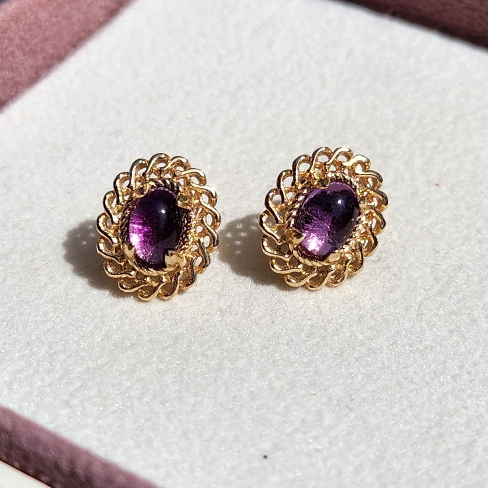 18K Yellow Gold Plated Bronze Earrings with Cabochon Cut Amethyst